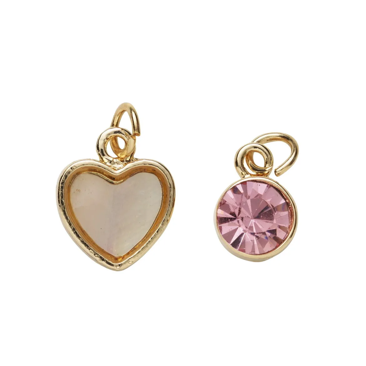 2 guldfärgade hängen charms, hjärta pärlemorlook 11,4×12,3 mm, cirkel strass Ø10 mm