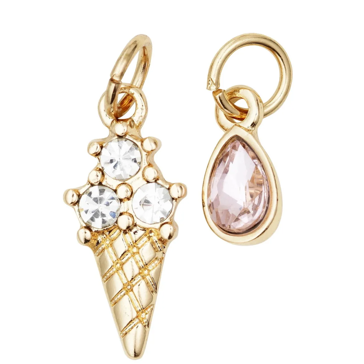 2 guldfärgade hängen charms med strass, glass 8×15,5 mm, droppe 5×7,5 mm