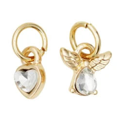 2 guldfärgade hängen charms med strass, ängel 7,5×6 mm, hjärta Ø4,8 mm