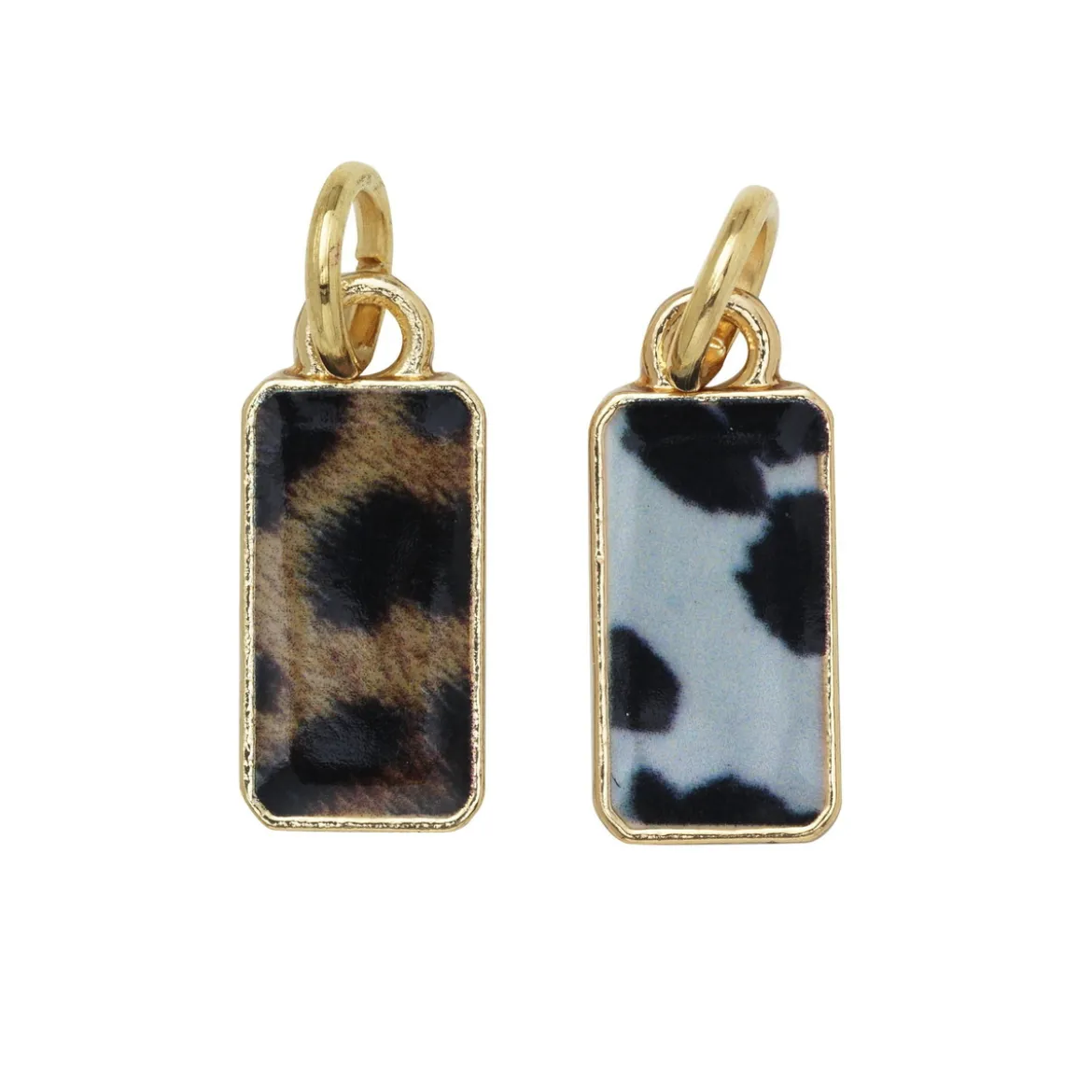 Guldfärgade hängen charms, rektanglar med motiv av leopard- & kopäls 7×13 mm