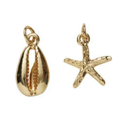 2 guldfärgade hängen charms, sjöstjärna Ø15 mm, snäcka 10×14 mm