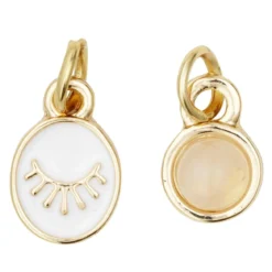 2 guldfärgade hängen charms, vitt öga 7×9 mm, rosa sten av kvarts Ø7 mm