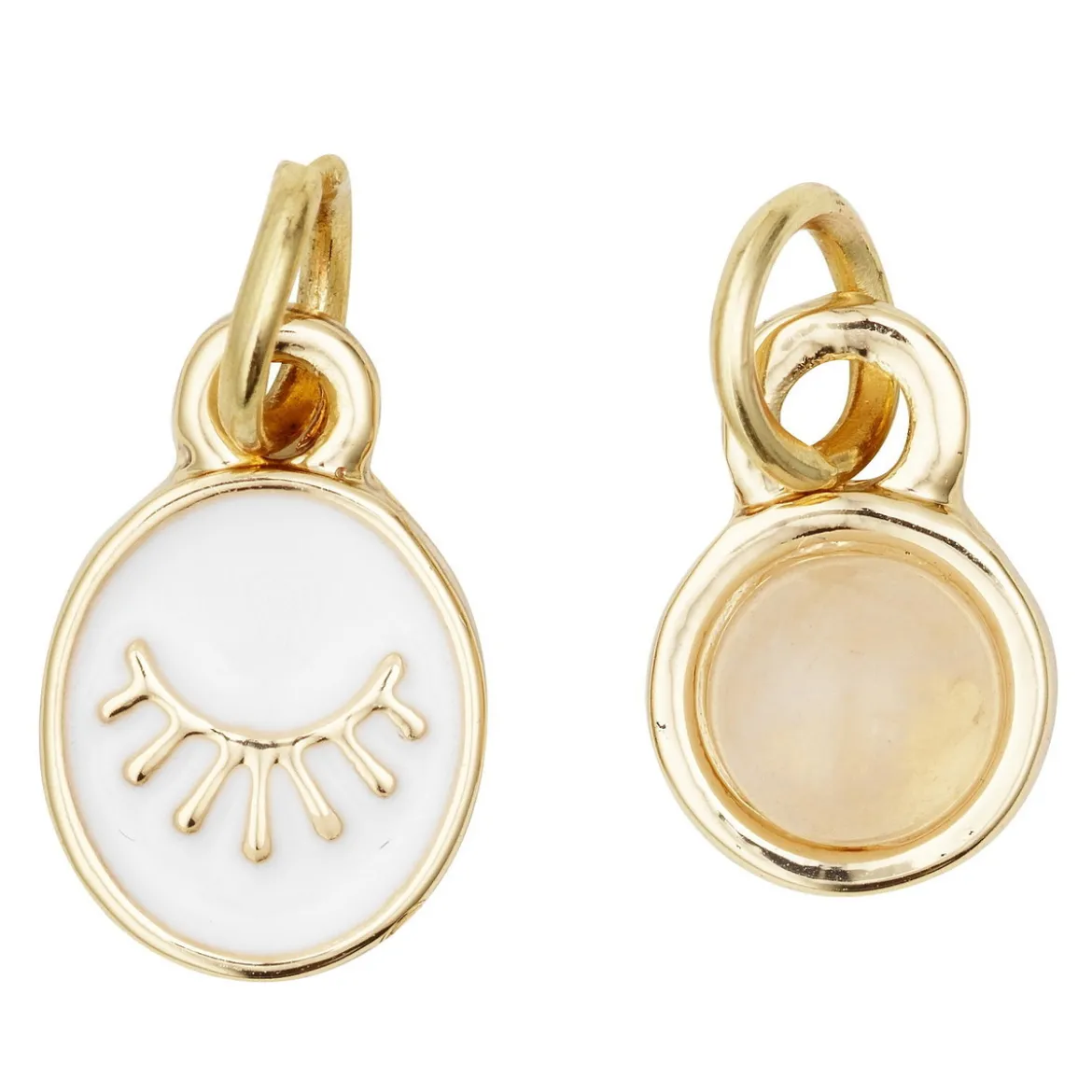 2 guldfärgade hängen charms, vitt öga 7×9 mm, rosa sten av kvarts Ø7 mm