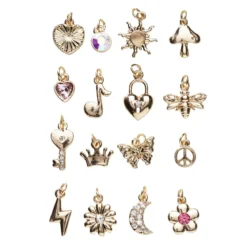 Hängen charms i guldfärg 16 st – sol, månge, hjärta, peace-märke m.m.