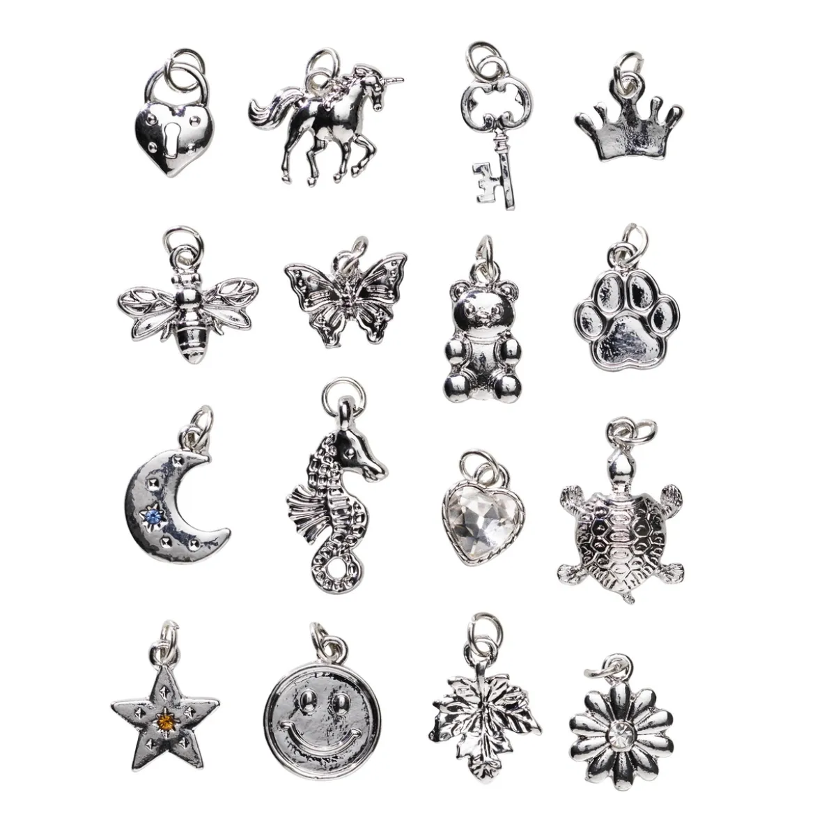 Hängen charms i silverfärg 16 st – smiley, enhörning, hjärta m.m.