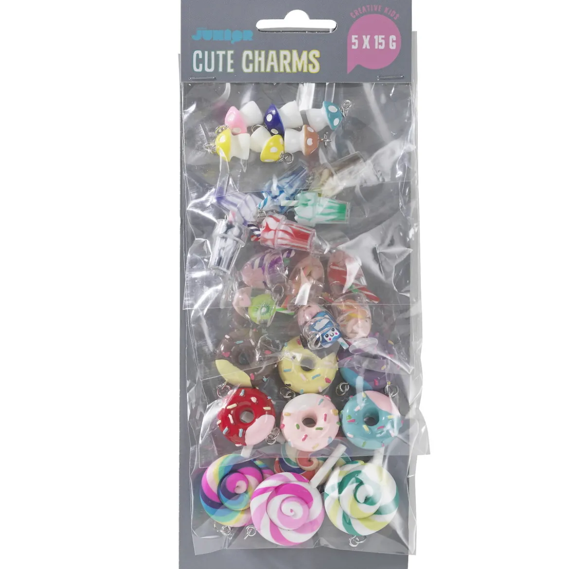 Hängen charms, 28 st. i 5 olika roliga & färgglada designer
