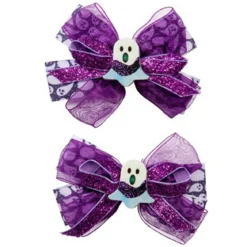 Hårklämmor till halloween, lila rosetter av 3 band, spök-tema, 10×5 cm – 2-pack