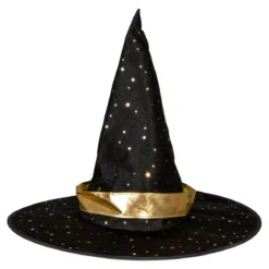 Häxhatt halloween, svart med glänsande guld-detaljer, barnstorlek. Ø32 cm, längd 28 cm