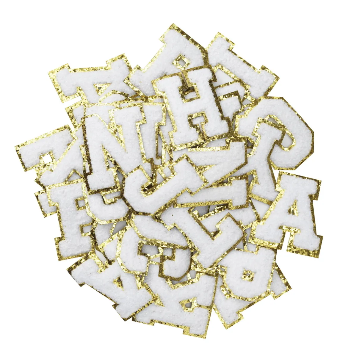 Iron-On bokstäver, vita med guldglitter, 40 st. A–Z, längd 6 cm