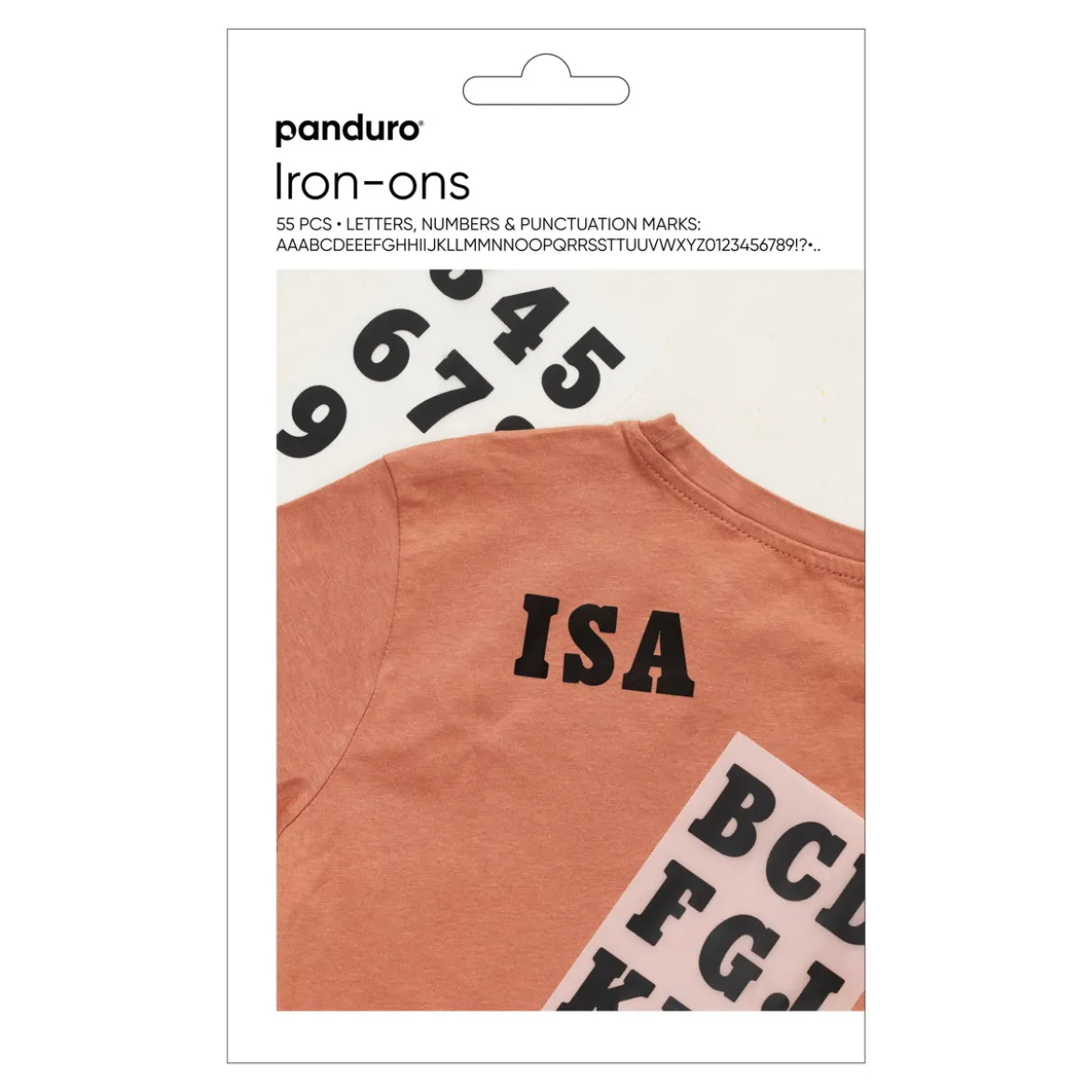 Iron-On svarta bokstäver och siffror, 35mm långa. A–Z och 0–9, !, ?, sammanlagt 55 tecken