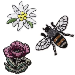 Iron-on tygmärke 2 blommor och 1 stort bi som är 70×45 mm