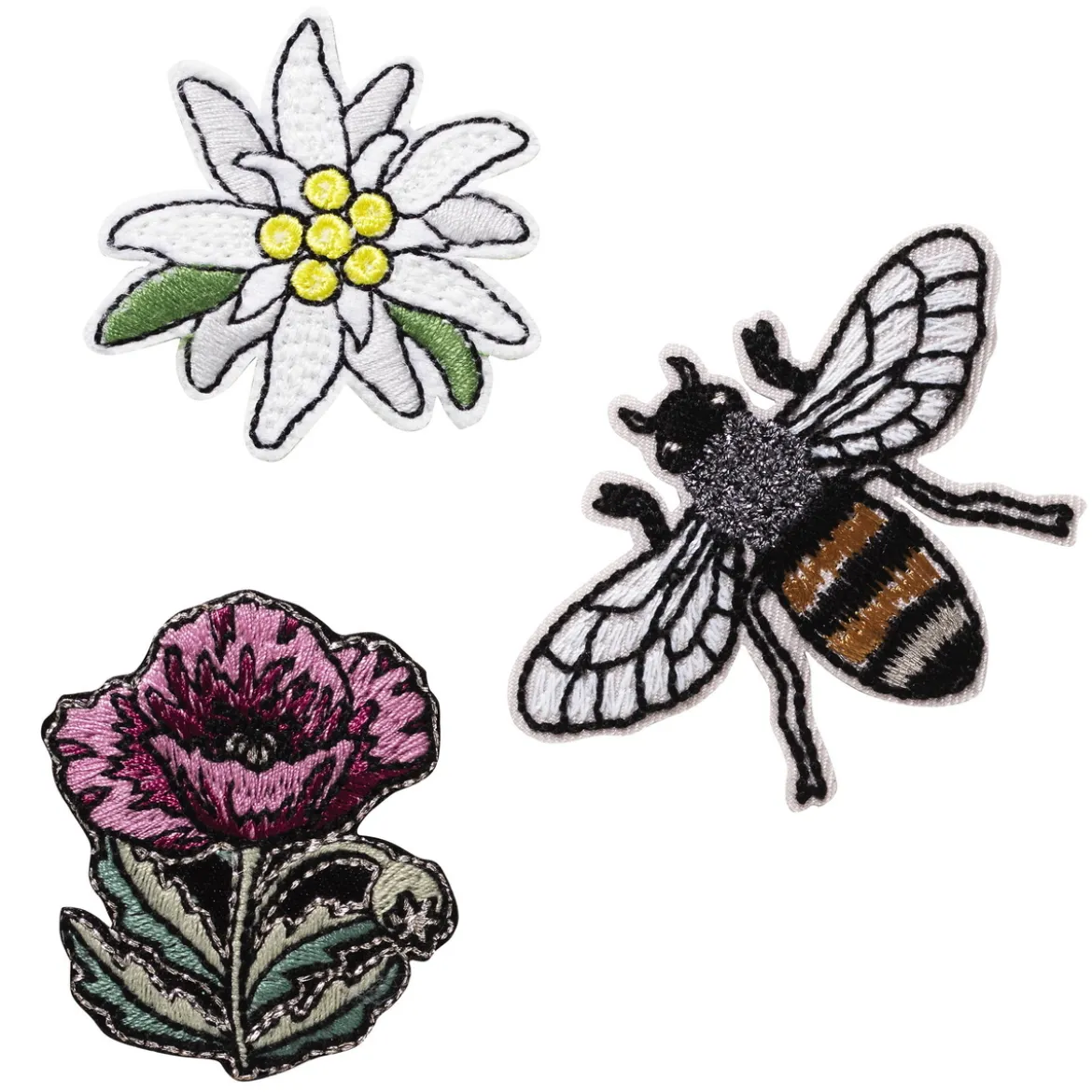 Iron-on tygmärke 2 blommor och 1 stort bi som är 70×45 mm