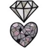 Iron-on tygmärke 1 diamant & 1 hjärta med silver och glitter. 60×45 mm / Ø55 mm