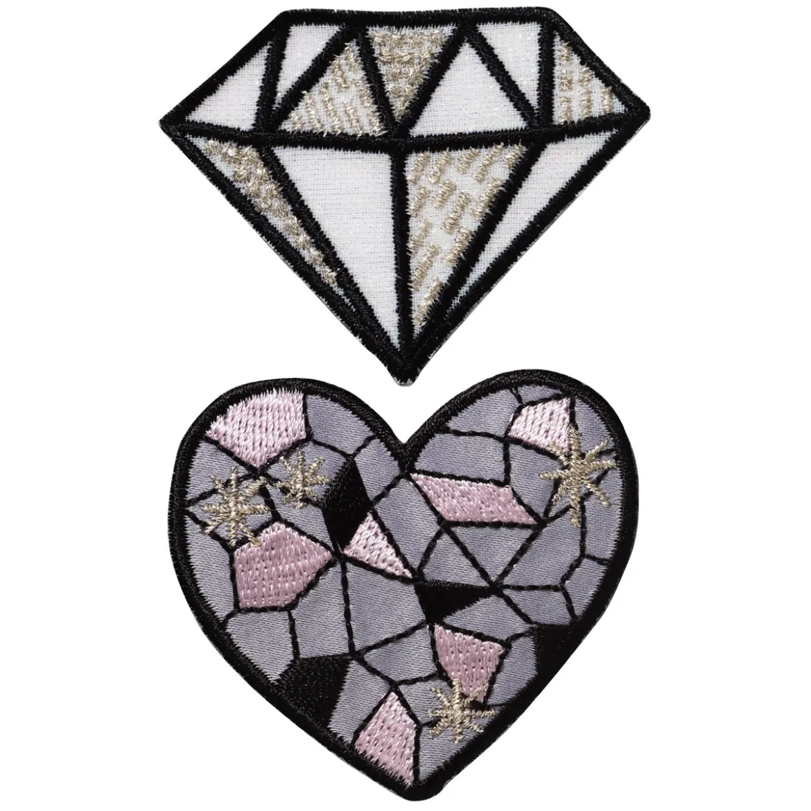 Iron-on tygmärke 1 diamant & 1 hjärta med silver och glitter. 60×45 mm / Ø55 mm