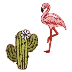 Iron-on tygmärke flamingo kaktus 2 st. Kaktusen är 37x45 mm och flamingon 35×60 mm
