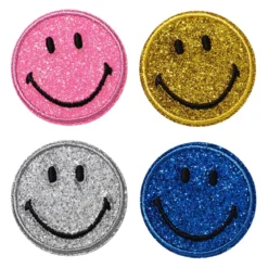 Iron-on tygmärke 4 glittande smileys i 4 olika färger Ø40 mm