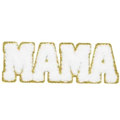 Iron-on tygmärke MAMA i fluffiga frottébokstäver med glittrande guldkant! 110×40 mm