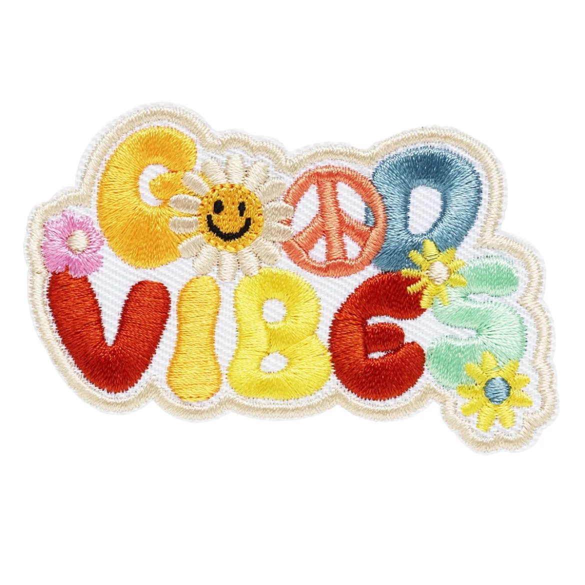 Iron-on tygmärke med färgglad text Good vibes 70×40 mm