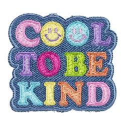 Iron-on tygmärke med texten Cool to be kind + smileys, 65×57 mm