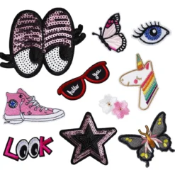 Iron-on tygmärke 10-pack med motiv som inspirerats av pop art – storlek 4–11 cm