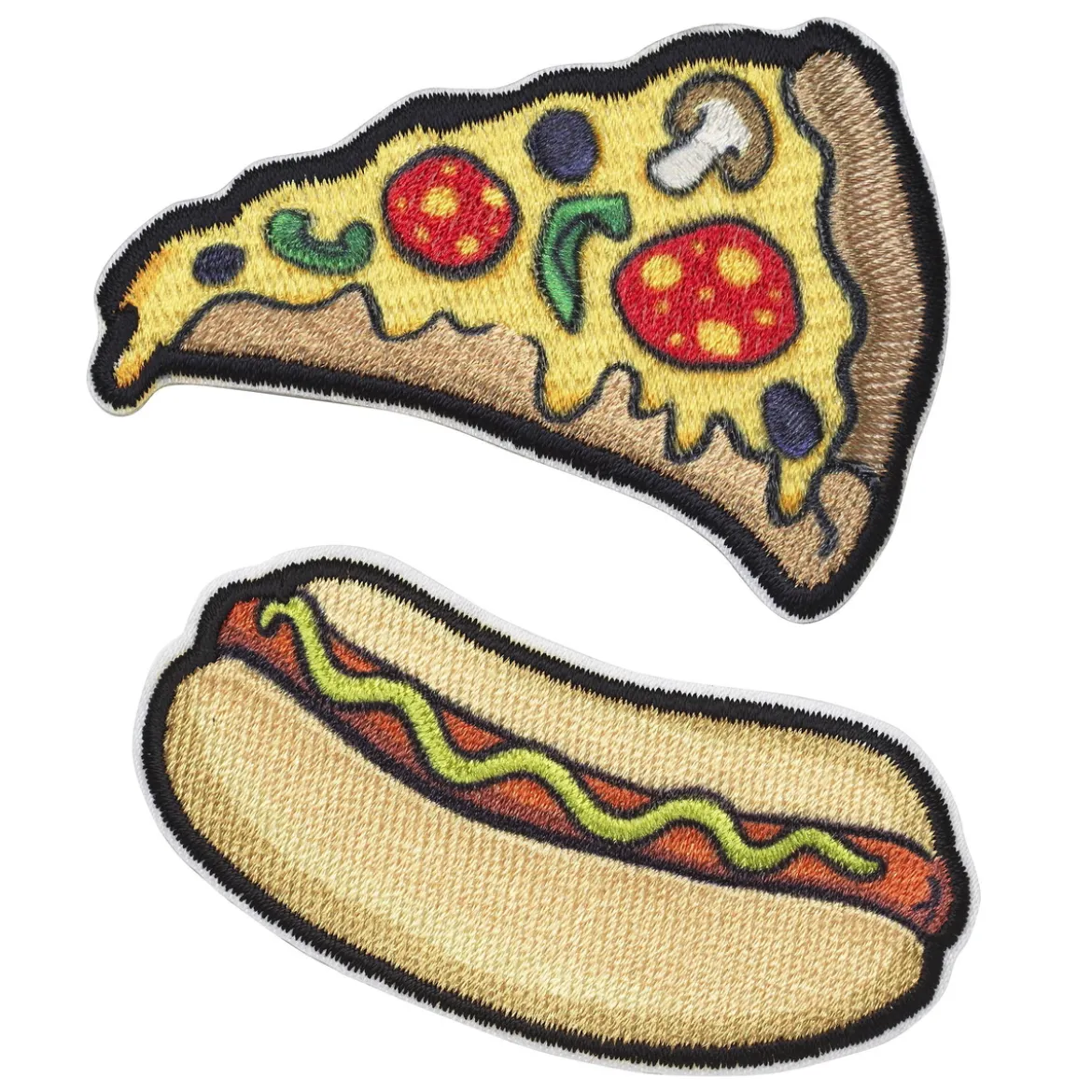 Iron-on tygmärke pizza och korv, 65x45 mm/65x30 mm