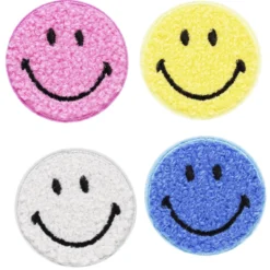 Iron-on tygmärke smileys 4 st. Fluffiga frotté-smileys, Ø40 mm