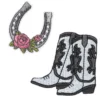 Iron-on tygmärke 2 st. Cowboyboots 55×55 mm & hästsko med blomma 35×40 mm