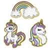 Iron-on tygmärke unicorns 3 st. 2 toksöta enhörningar & 1 regnbåge med guldglitter, 35–50 × 30–50 mm