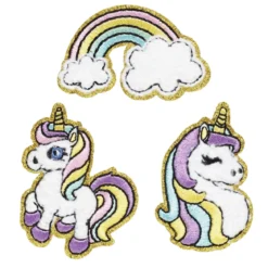 Iron-on tygmärke unicorns 3 st. 2 toksöta enhörningar & 1 regnbåge med guldglitter, 35–50 × 30–50 mm