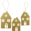 Juldekoration, 3 st. guldiga hängen av metall – 1 stort hus 7,5×11 cm, 2 hus 6×9 cm