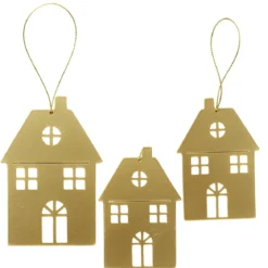 Juldekoration, 3 st. guldiga hängen av metall – 1 stort hus 7,5×11 cm, 2 hus 6×9 cm