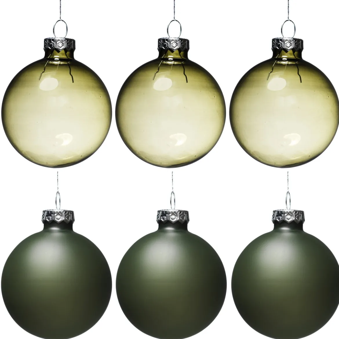 Julgranskulor, 6 st. fina gröna julkulor av glas Ø6 cm – 3 matta & 3 blanka