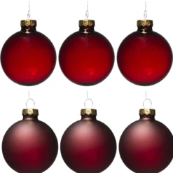 Julgranskulor, 6 st. fina röda julkulor av glas Ø6 cm – 3 matta & 3 blanka