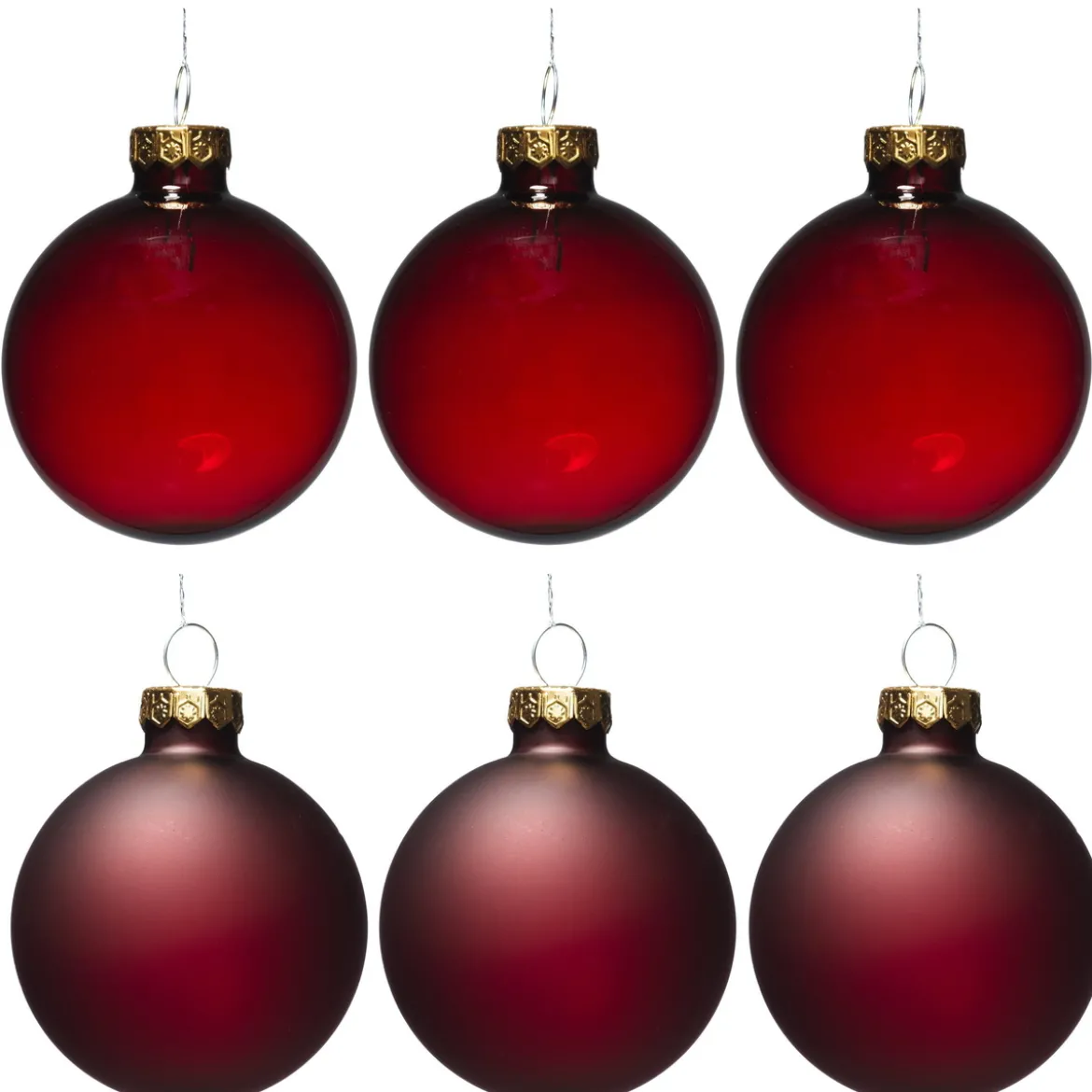Julgranskulor, 6 st. fina röda julkulor av glas Ø6 cm – 3 matta & 3 blanka