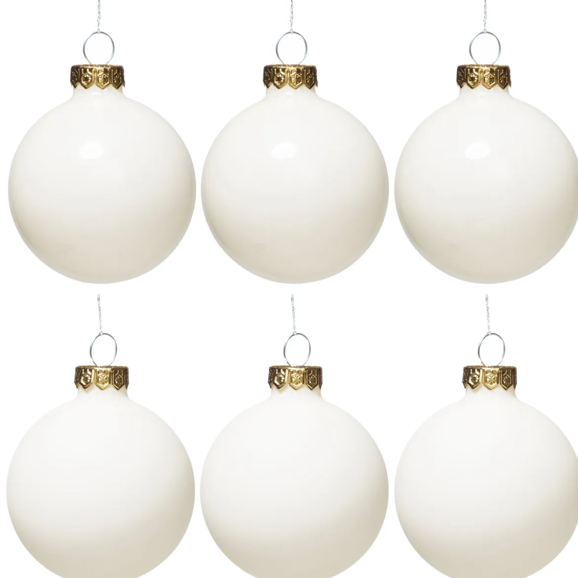 Julgranskulor, 6 st. fina vita julkulor av glas Ø6 cm – 3 matta & 3 blanka