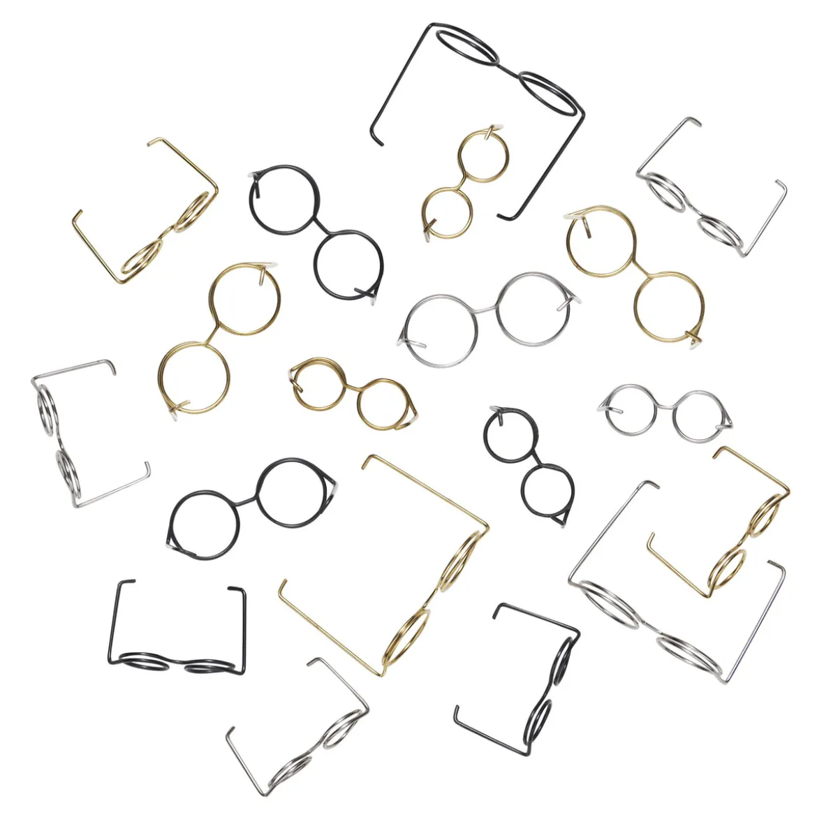 Kit med miniatyr-glasögon, 18 st. 9 stora & 9 små, silver, guld, svart.