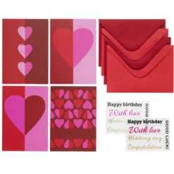 Kortkit Hjärta, alla hjärtans dag & Valentine's – 4 × A5-kort, kuvert och stickers-ark
