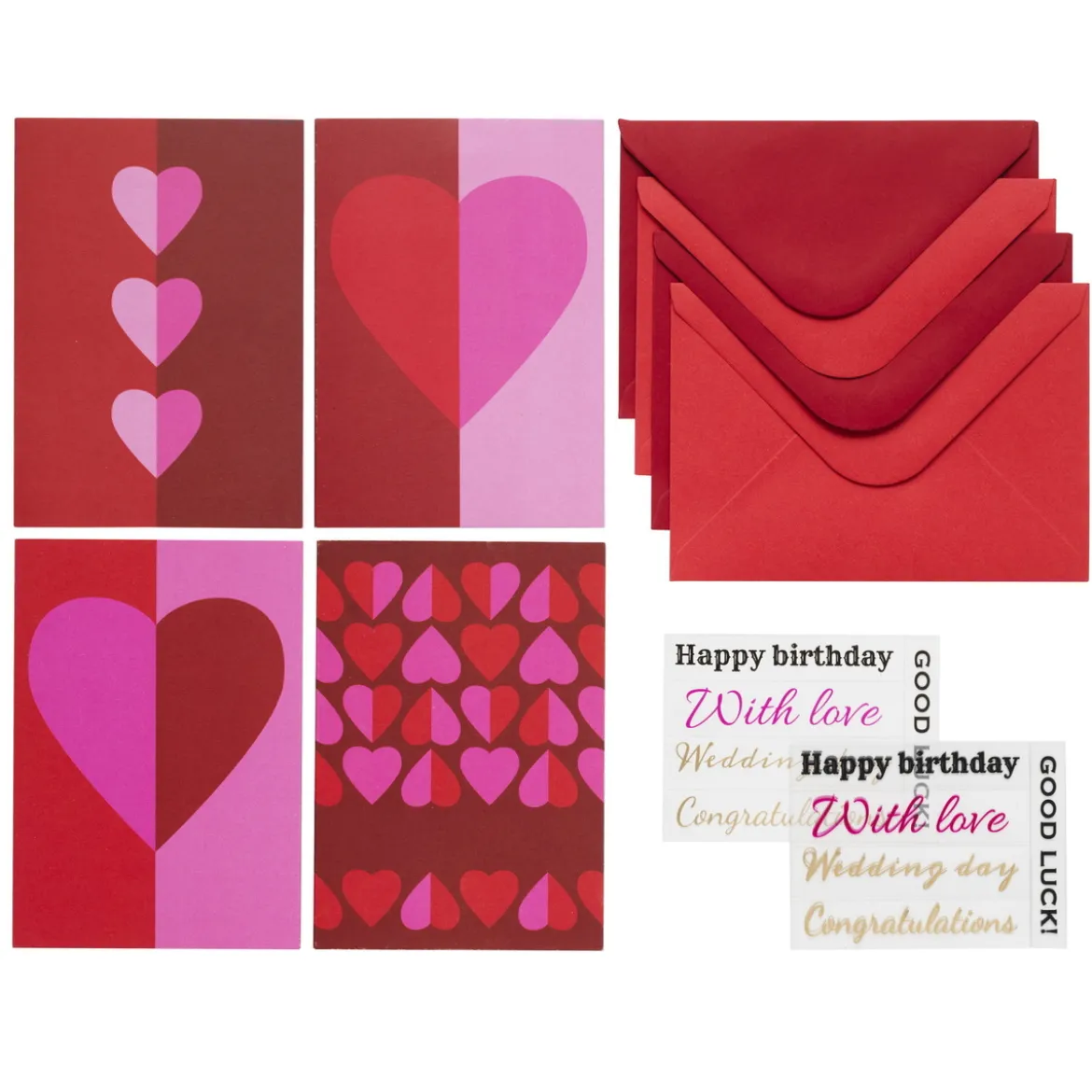 Kortkit Hjärta, alla hjärtans dag & Valentine's – 4 × A5-kort, kuvert och stickers-ark