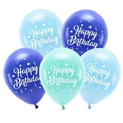 Latexballonger 5-pack Ø26 cm – blått tema med texten Happy Birthday