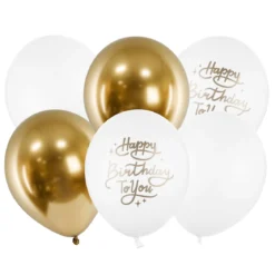 Latexballonger 6-pack Ø30 cm – vita & guldiga med texten Happy birthday