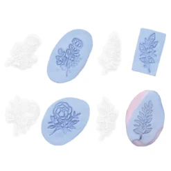 Lerstämplar 4 st. blommor & blad – ej utskurna motiv – ca 15–30 mm × 15–30 mm