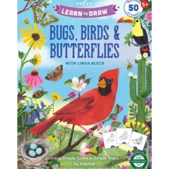 Lär dig teckna fåglar, insekter och fjärilar – lärorik målarbok med 50 stickers