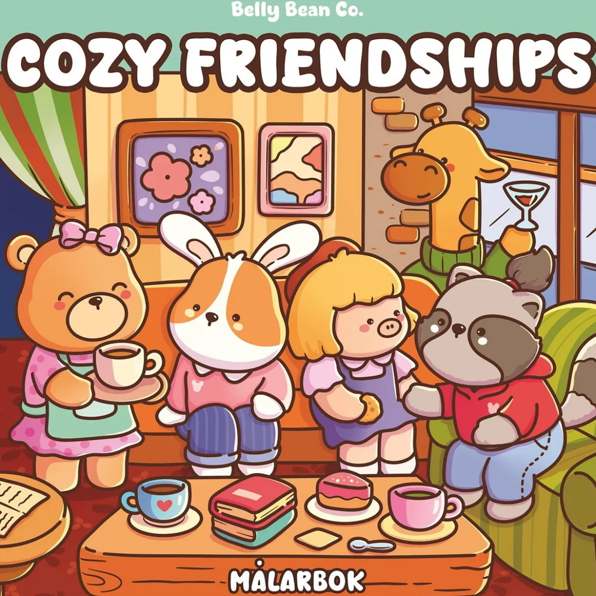 Målarbok Cozy Friendships by Belly Bean, färglägg 32 jättesöta motiv! 21,5×21,5 cm