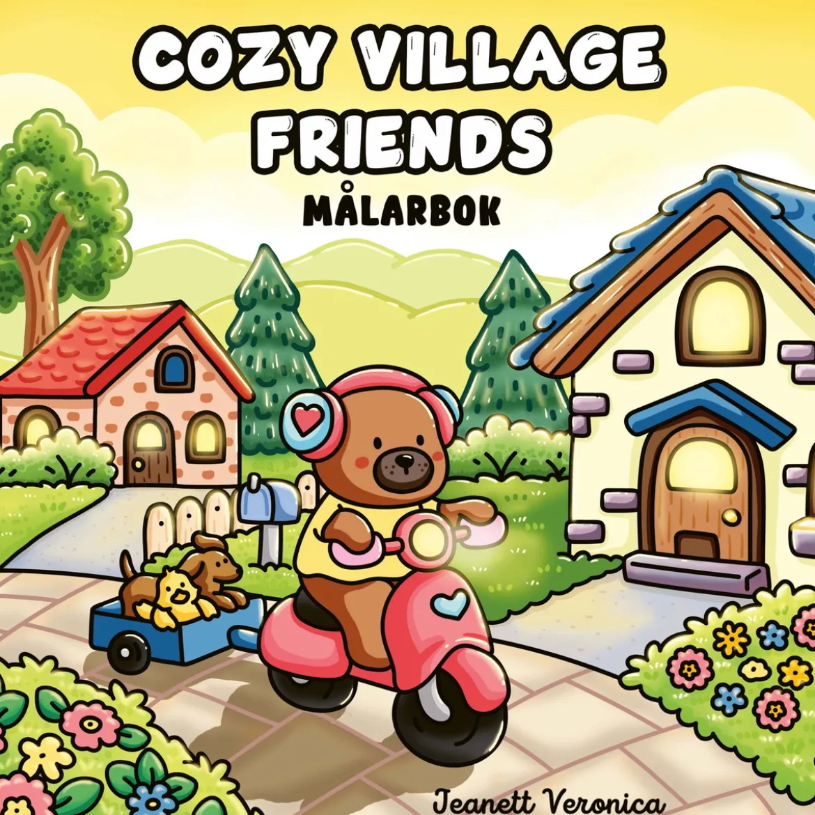 Målarbok Cozy Village Friends, mysig målarbok med 40 avslappnande motiv, 25×25 cm