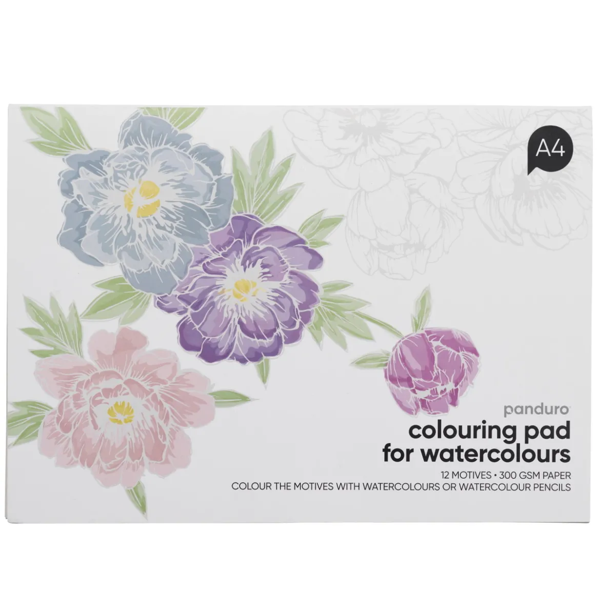 Målarbok för akvarell med 12 blomstermotiv, L A4 (297×210 mm), 300 g/m²