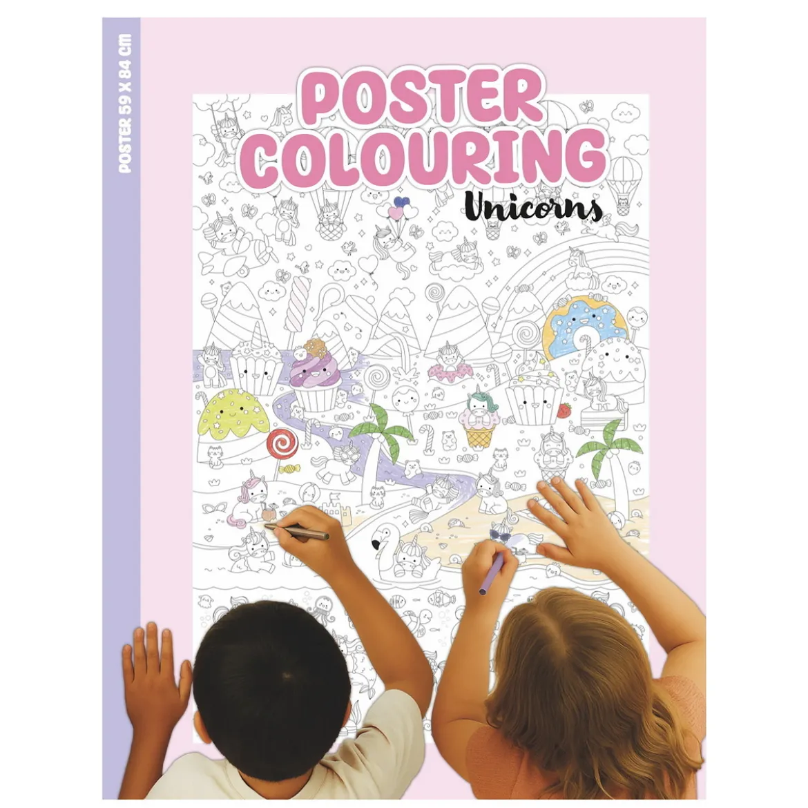 Målarbok Mega-poster Enhörningar! A4-bok som blir en 59×84 cm stor plansch