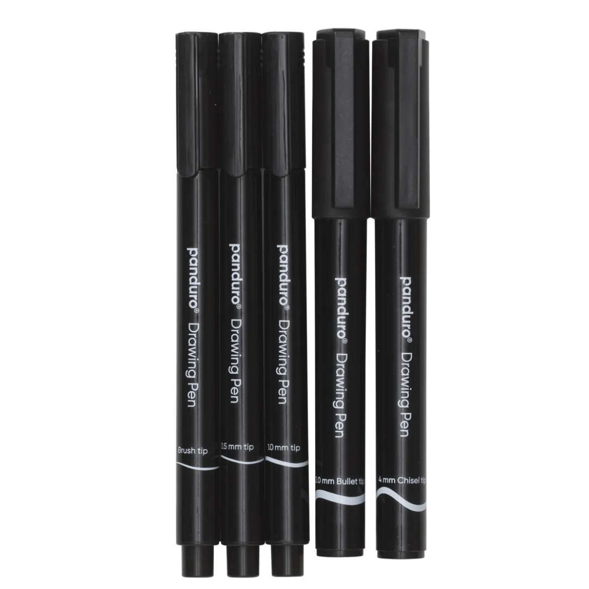 Panduro tuschpennor 0.5 mm, 1 mm, penselspets, 4 mm snedskuren spets och 1 mm rund spets, svart, 5-pack