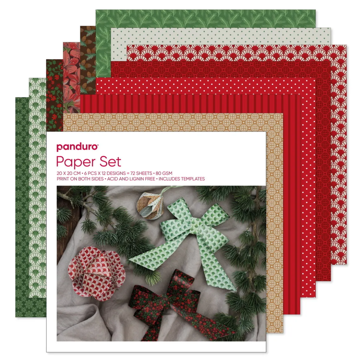 Pappersset julmix, 72 dubbelsidigt tryckta ark – julfärger & mönster, 20×20 cm, 80 g/m²