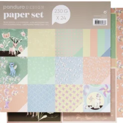 Pappersset med lekfulla färger och sagodjur – 305×305 mm, 24 ark, 230g/m²