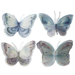 4 pastellfärgade dekorationsfjärilar med guldglitter 12,5×9 cm